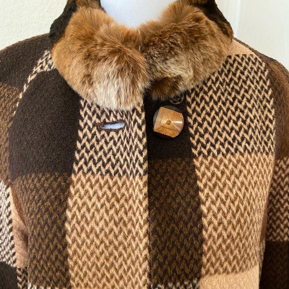 Alpaca Fashion Classic Basynu Lapin fur collar plaid coat, brown/beige Size M - Picture 3 of 16